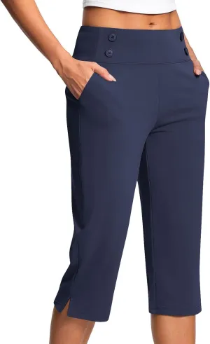 Stretchy Capri Leggings for Women with Pockets Dressy Yoga Pants Wide Leg High Waisted Casual Lounge Summer Outfits