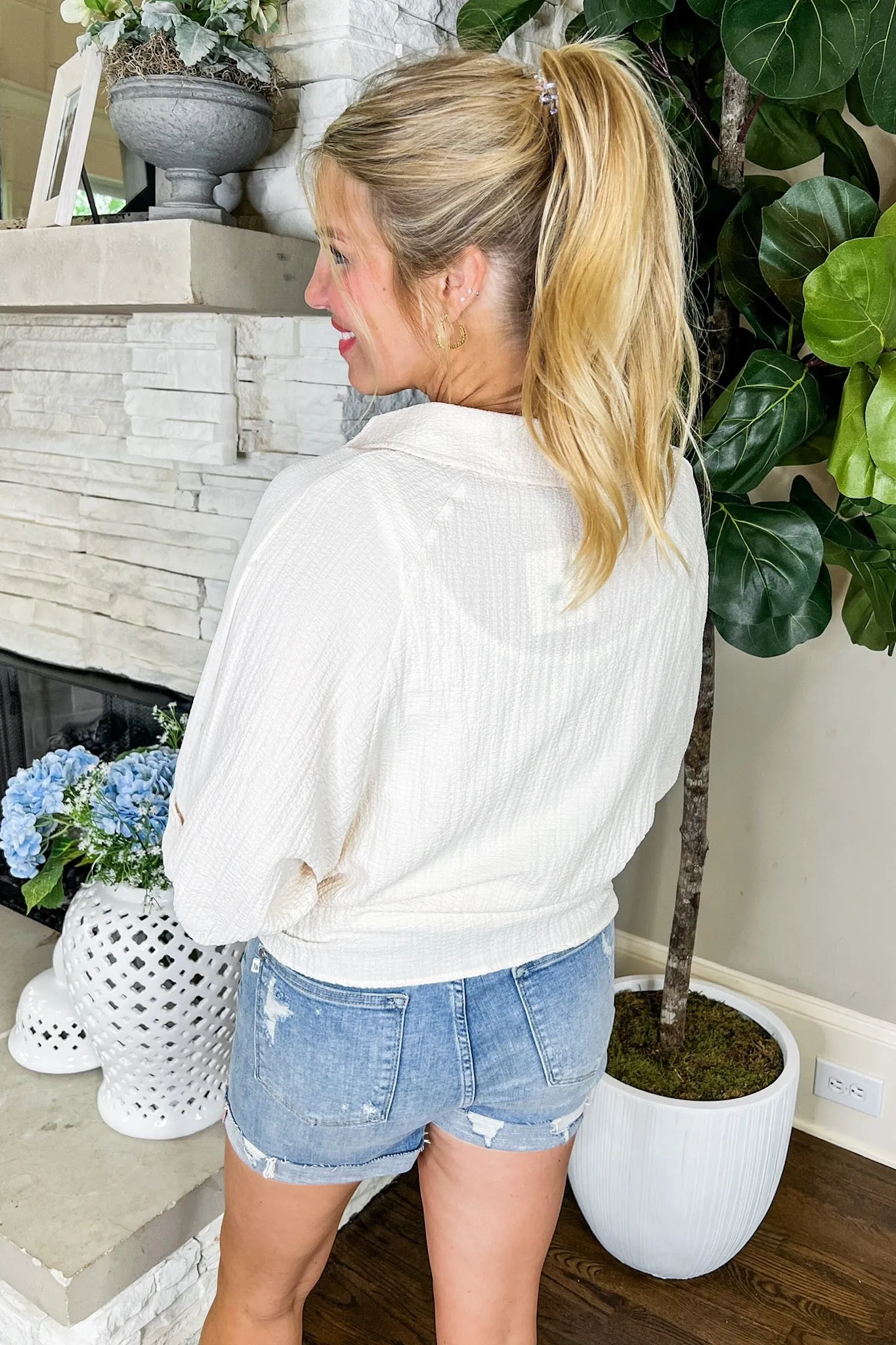 Textured Tie Front Collared Kimono in Cream