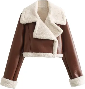 Uillui Women's Faux Shearing Fur Lined Leather Jacket Warm Thick Winter Coat Sherpa Lined Short Moto Biker Short Crop Coats