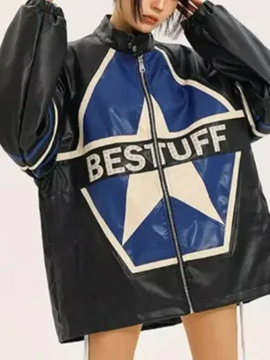 Vintage Contrast Color Star Leather Loose Jacket