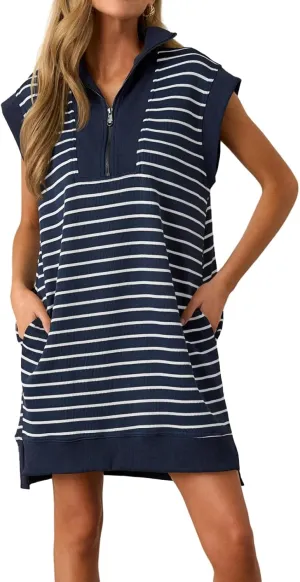 Wenrine Womens Striped Mini Dress Casual Zipper V Neck Cap Sleeve Collared Loose Summer Knit Dresses