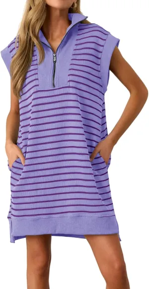 Wenrine Womens Striped Mini Dress Casual Zipper V Neck Cap Sleeve Collared Loose Summer Knit Dresses