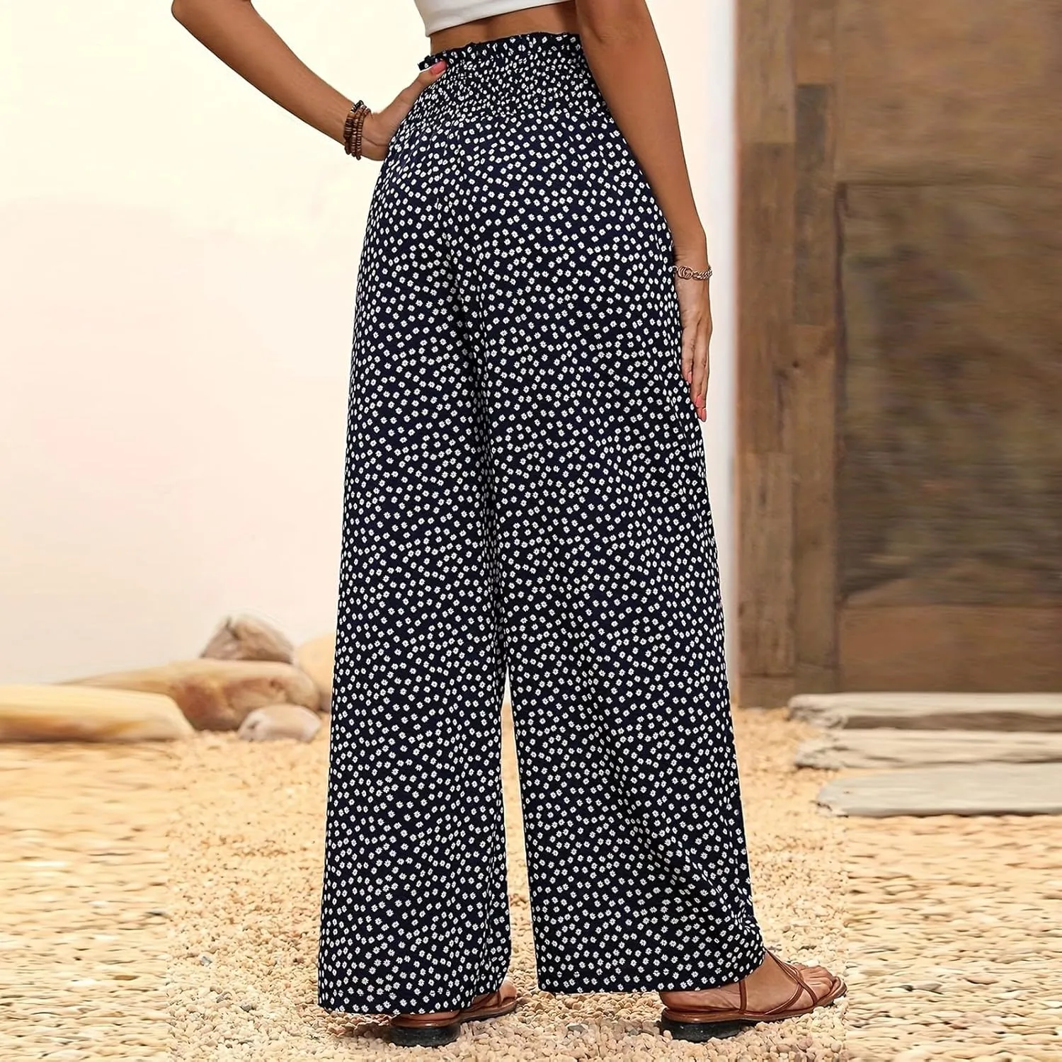 Wide Leg Linen Pants for Women Casual Summer Boho Flowy Palazzo Pants Y2k Baggy High Waist Pleated Travel Beach Pant
