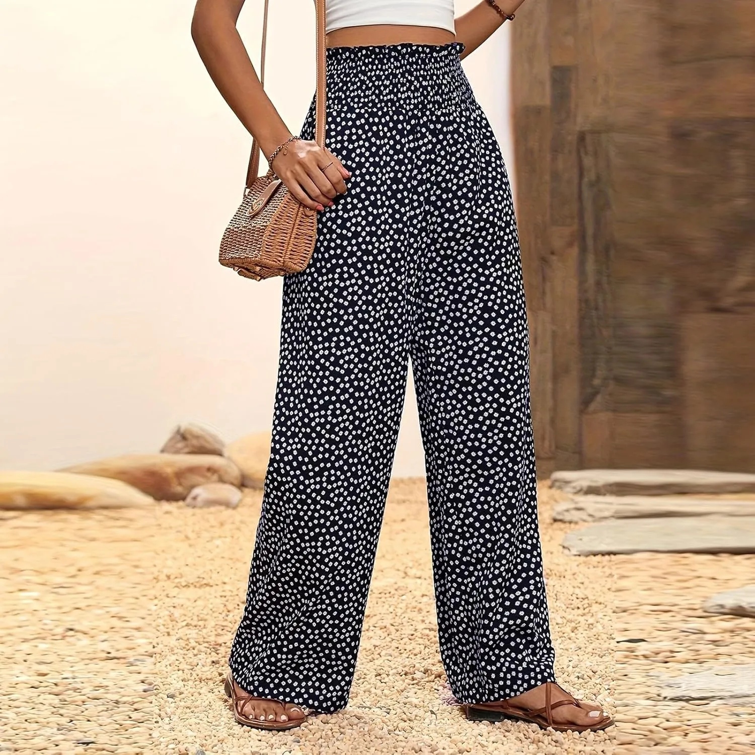 Wide Leg Linen Pants for Women Casual Summer Boho Flowy Palazzo Pants Y2k Baggy High Waist Pleated Travel Beach Pant