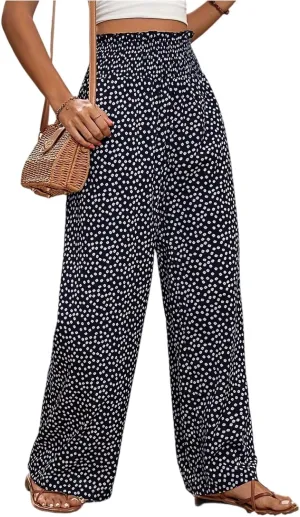 Wide Leg Linen Pants for Women Casual Summer Boho Flowy Palazzo Pants Y2k Baggy High Waist Pleated Travel Beach Pant