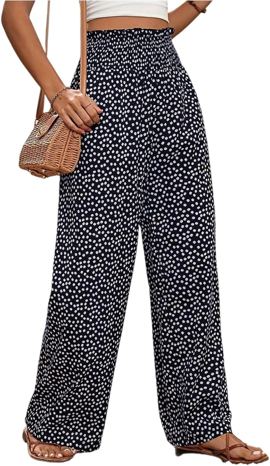 Wide Leg Linen Pants for Women Casual Summer Boho Flowy Palazzo Pants Y2k Baggy High Waist Pleated Travel Beach Pant