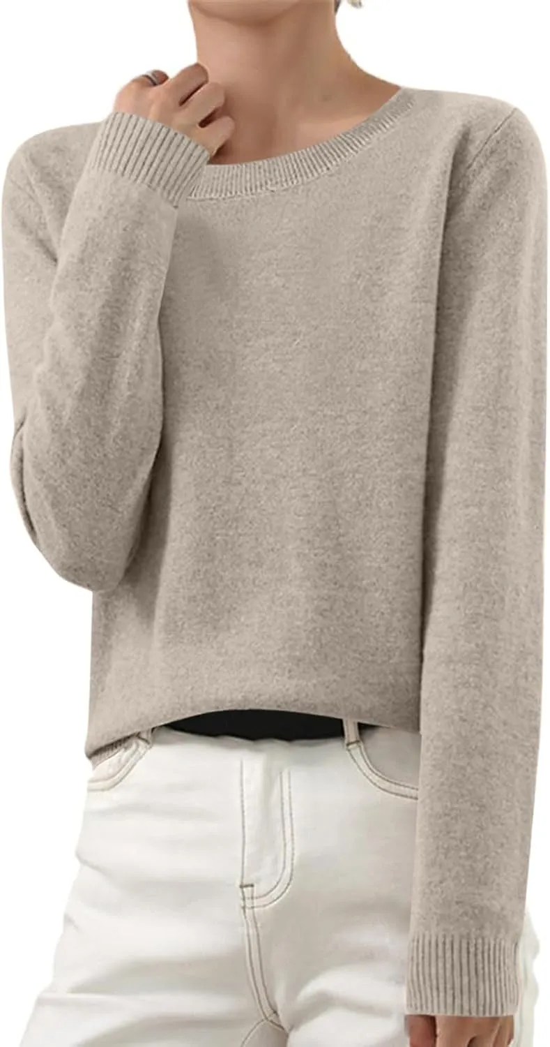 Wkishenl Cashmere Sweaters for Women Long Sleeve Crewneck/V-Neck Knit Pullover Classic Solid Shirts Fall Fashion Clothes 2025