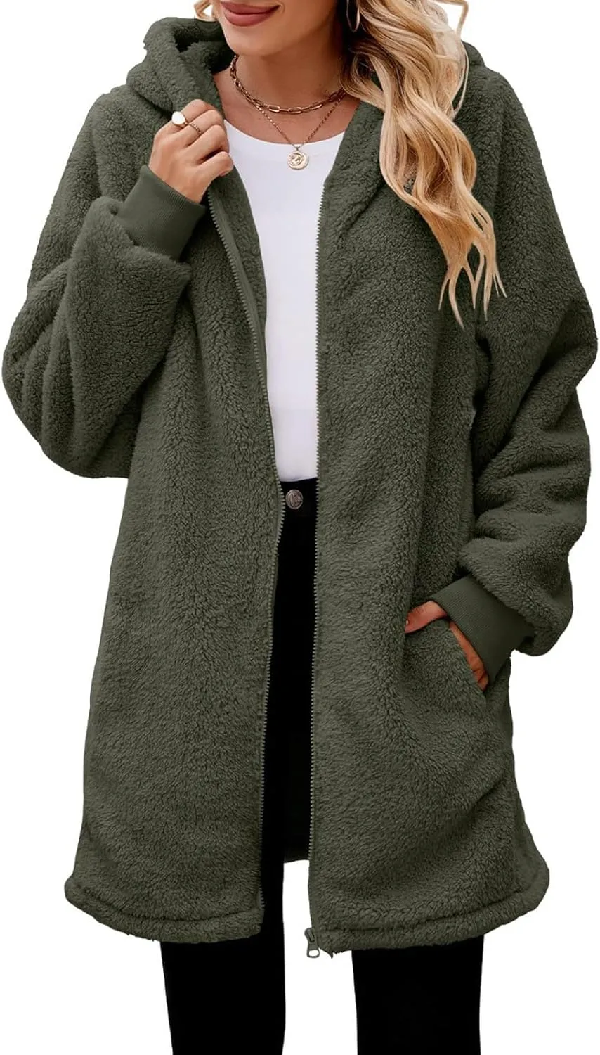 Women Plush Coats Casual Long Sleeve Solid Color Double Breasted Trench Jackets Windproof Oversized Fleece Jacket