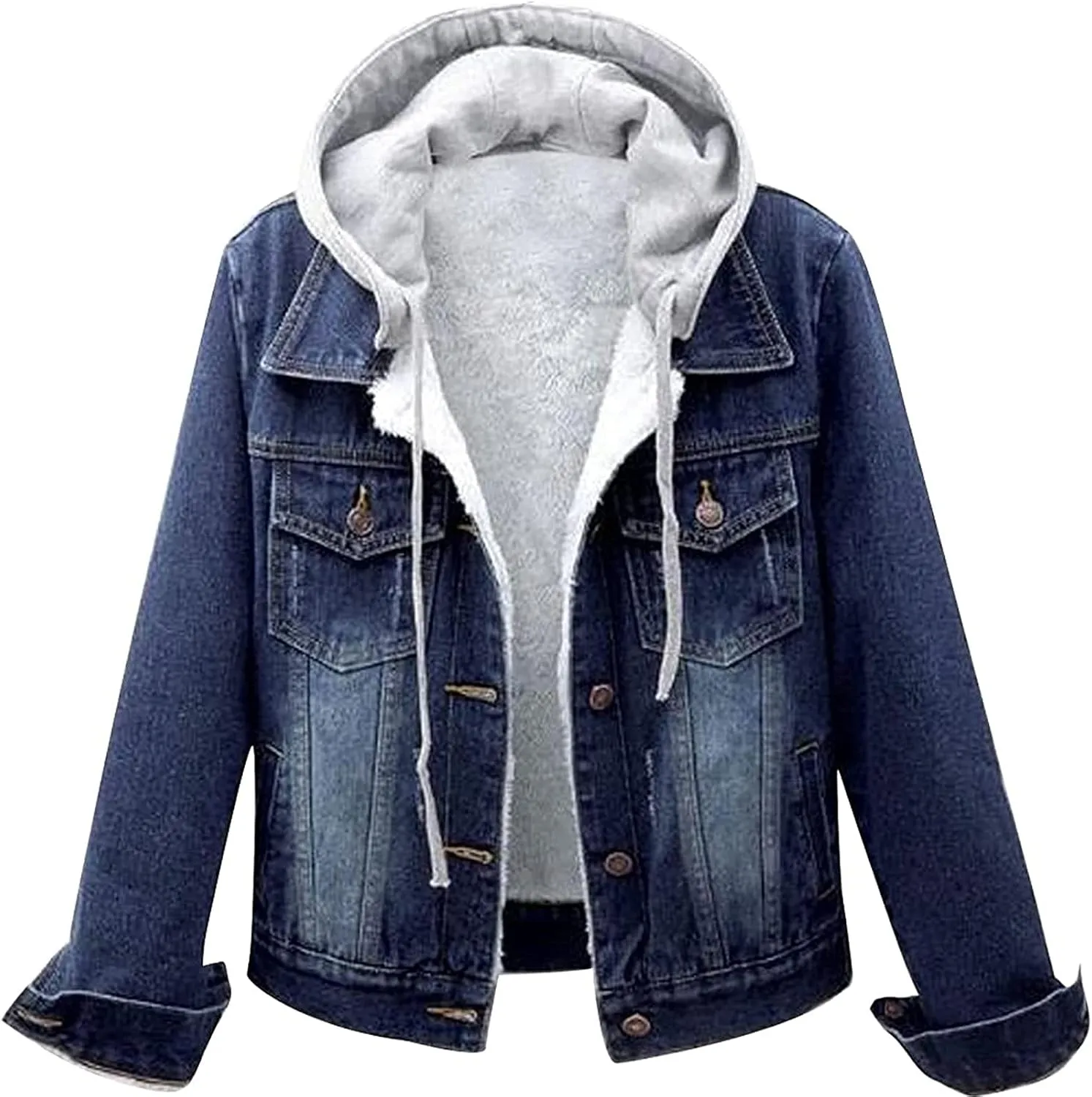 Women's Casual Denim Jackets with Detachable Hood Button Down Fleece Comfort Trendy Jean Hoodies Fall Winter Tops