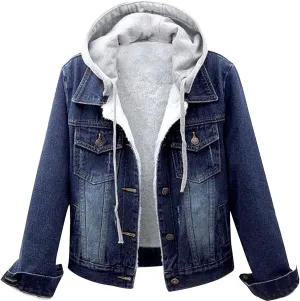 Women's Casual Denim Jackets with Detachable Hood Button Down Fleece Comfort Trendy Jean Hoodies Fall Winter Tops