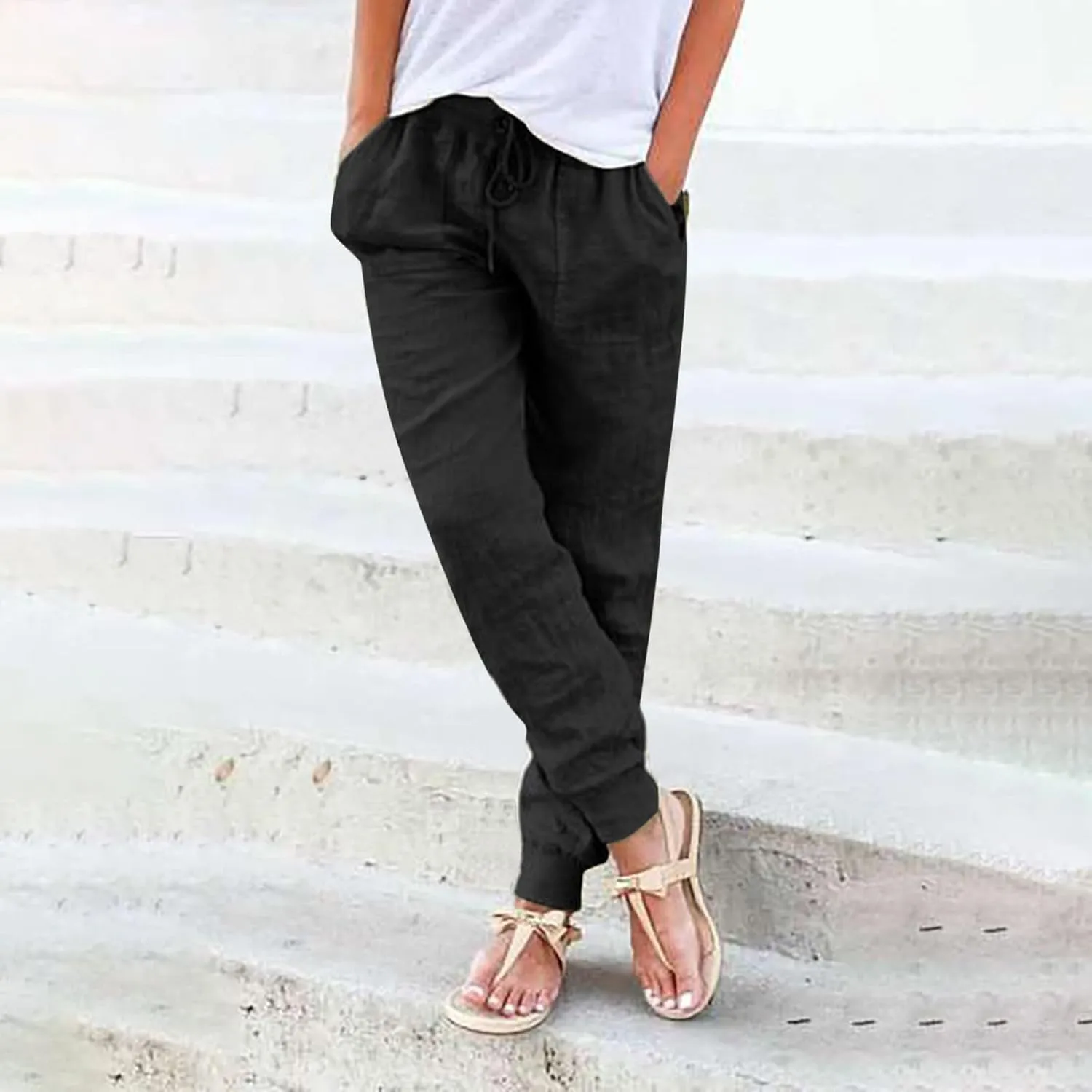 Women's Casual Lantern Tapered Harem Pants Drawstring Loose Linen Pants Women Summer Trousers Baggy Slacks with Pockets