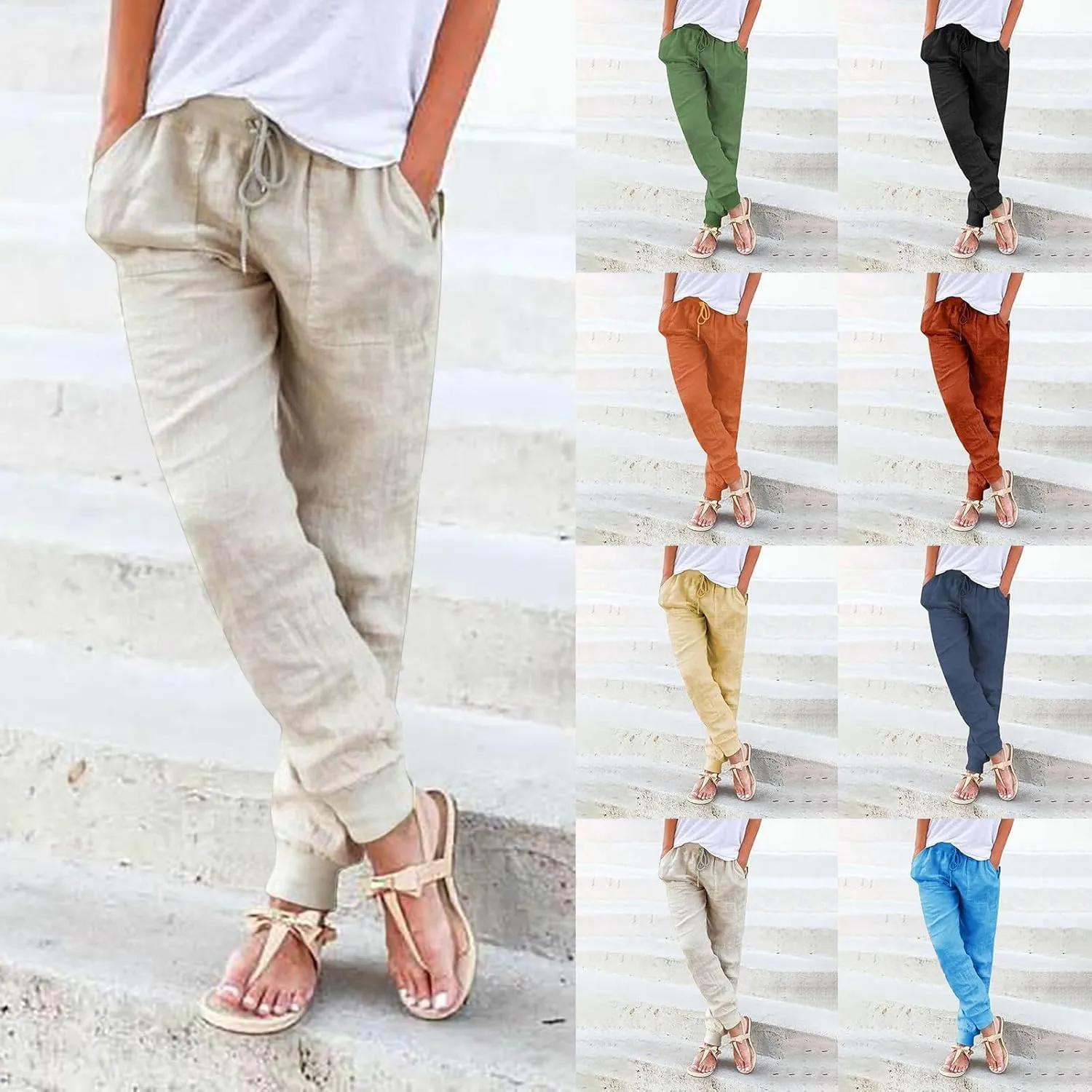 Women's Casual Lantern Tapered Harem Pants Drawstring Loose Linen Pants Women Summer Trousers Baggy Slacks with Pockets