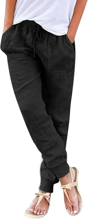 Women's Casual Lantern Tapered Harem Pants Drawstring Loose Linen Pants Women Summer Trousers Baggy Slacks with Pockets