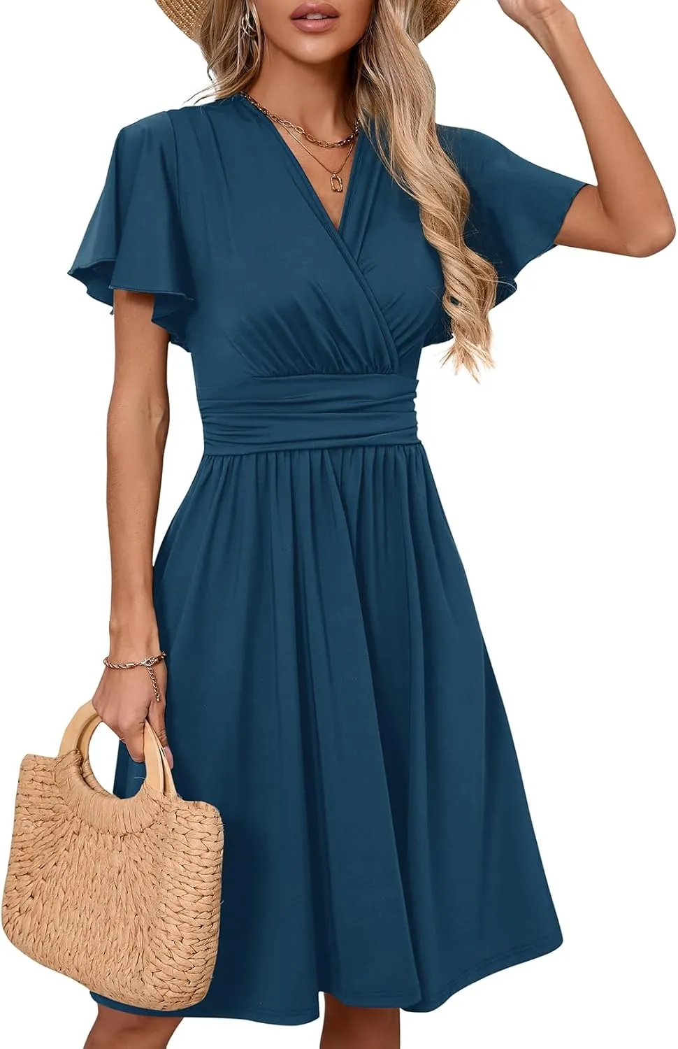 Women's Casual Summer Dress V Neck Short Sleeve Flowy Stretchy Comfort Fit for Daily Wear Work Midi Dresses
