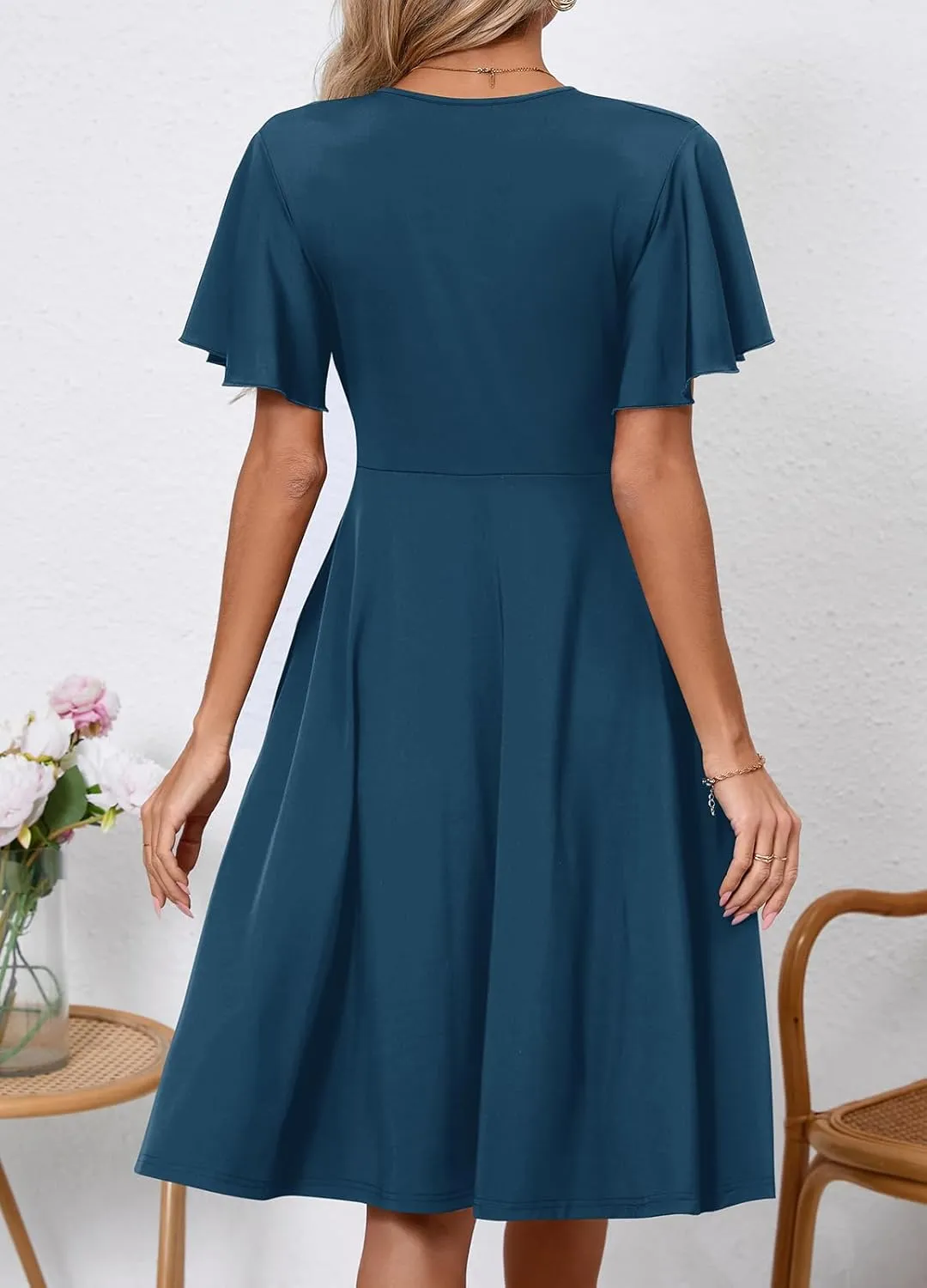 Women's Casual Summer Dress V Neck Short Sleeve Flowy Stretchy Comfort Fit for Daily Wear Work Midi Dresses