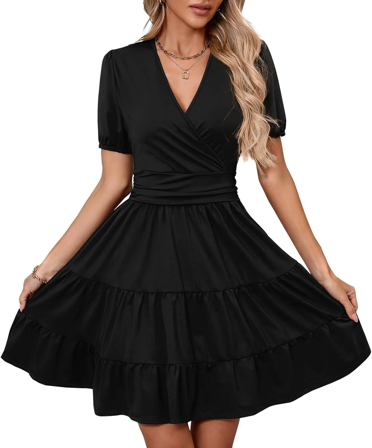 Women's Casual Summer Dress V Neck Short Sleeve Flowy Stretchy Comfort Fit for Daily Wear Work Midi Dresses
