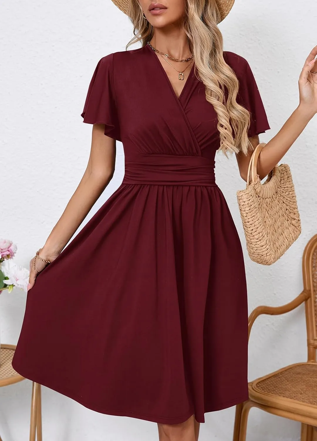 Women's Casual Summer Dress V Neck Short Sleeve Flowy Stretchy Comfort Fit for Daily Wear Work Midi Dresses