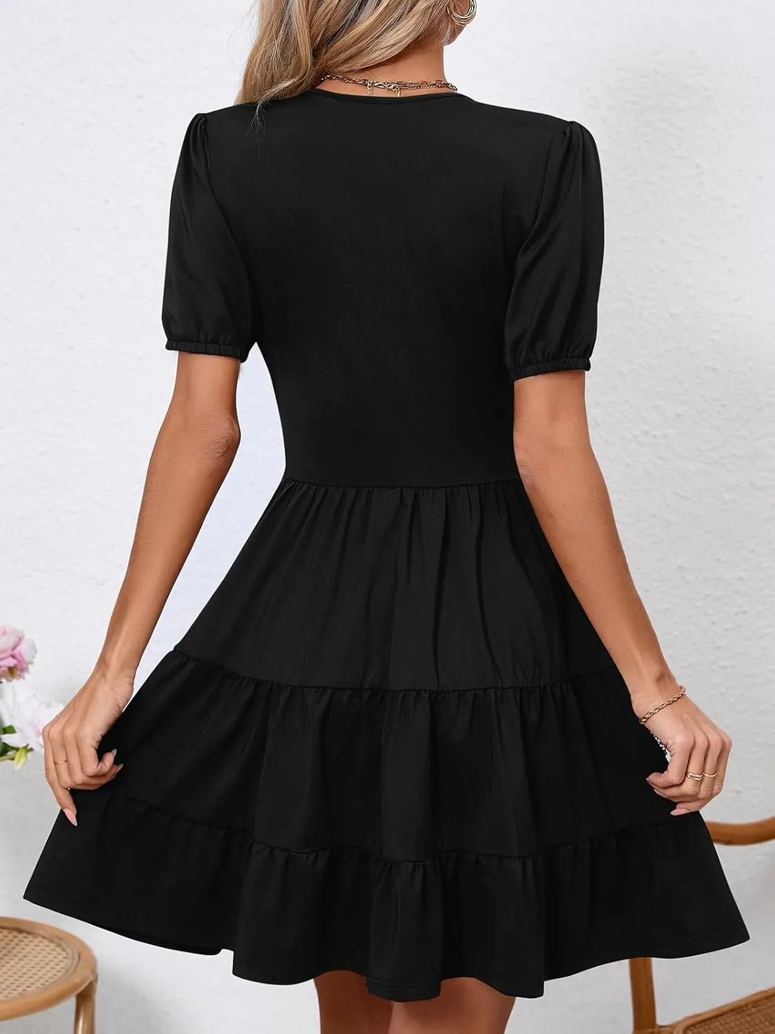 Women's Casual Summer Dress V Neck Short Sleeve Flowy Stretchy Comfort Fit for Daily Wear Work Midi Dresses