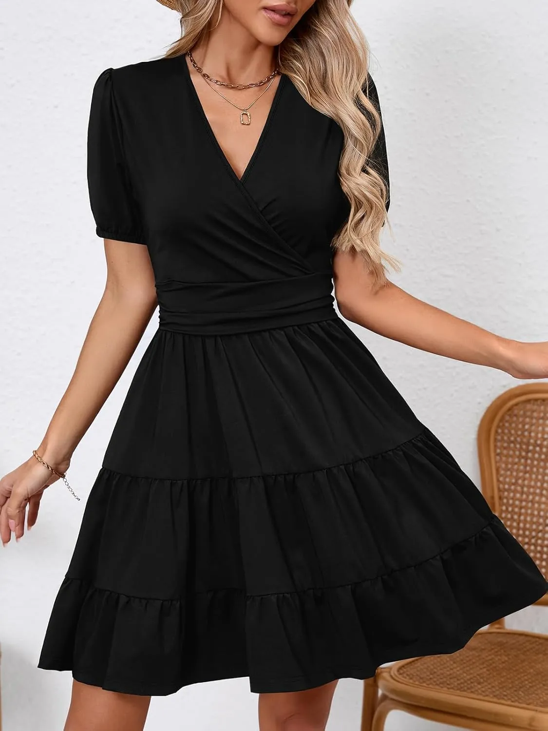 Women's Casual Summer Dress V Neck Short Sleeve Flowy Stretchy Comfort Fit for Daily Wear Work Midi Dresses