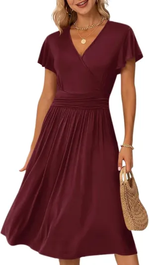Women's Casual Summer Dress V Neck Short Sleeve Flowy Stretchy Comfort Fit for Daily Wear Work Midi Dresses