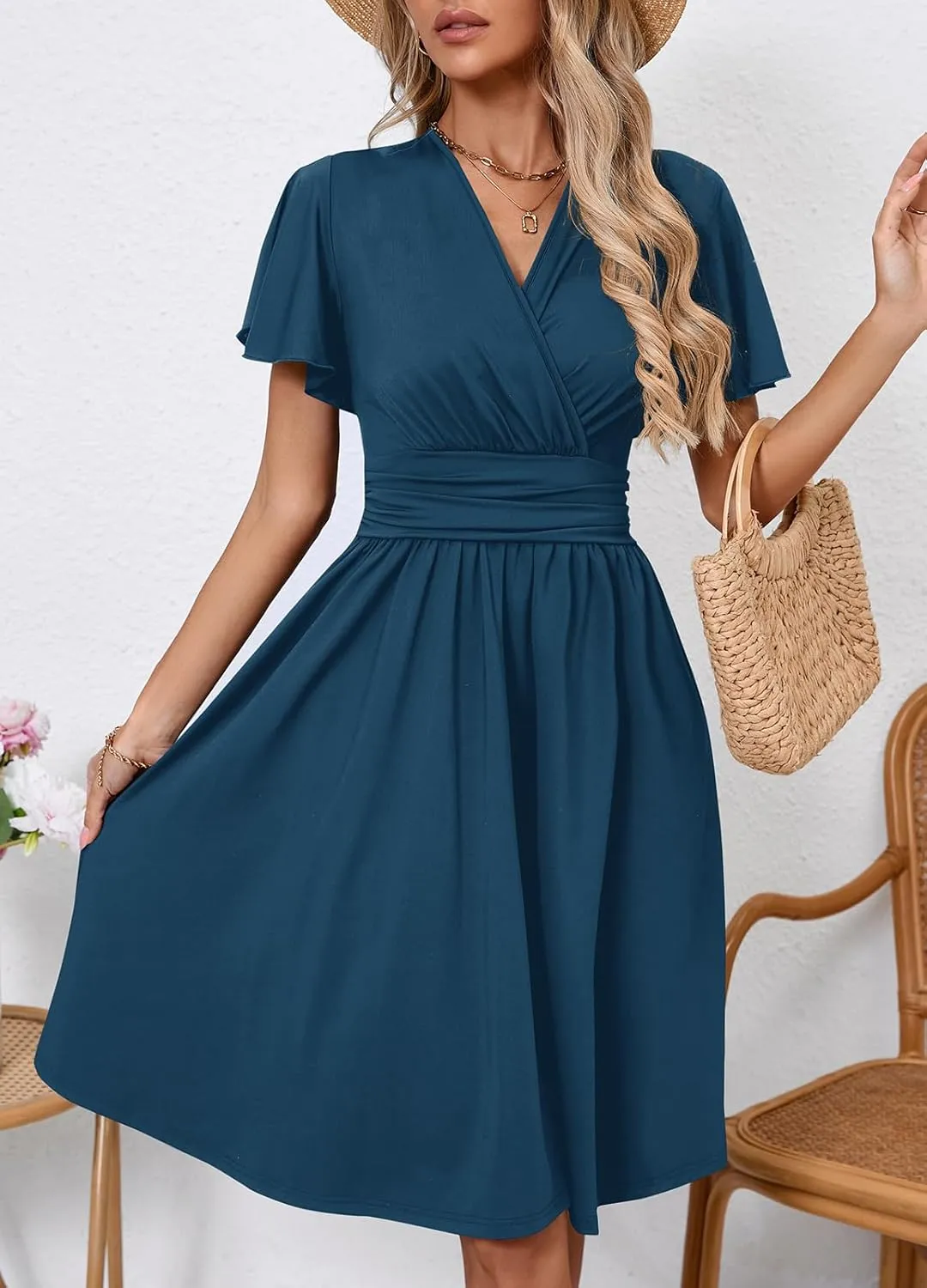 Women's Casual Summer Dress V Neck Short Sleeve Flowy Stretchy Comfort Fit for Daily Wear Work Midi Dresses