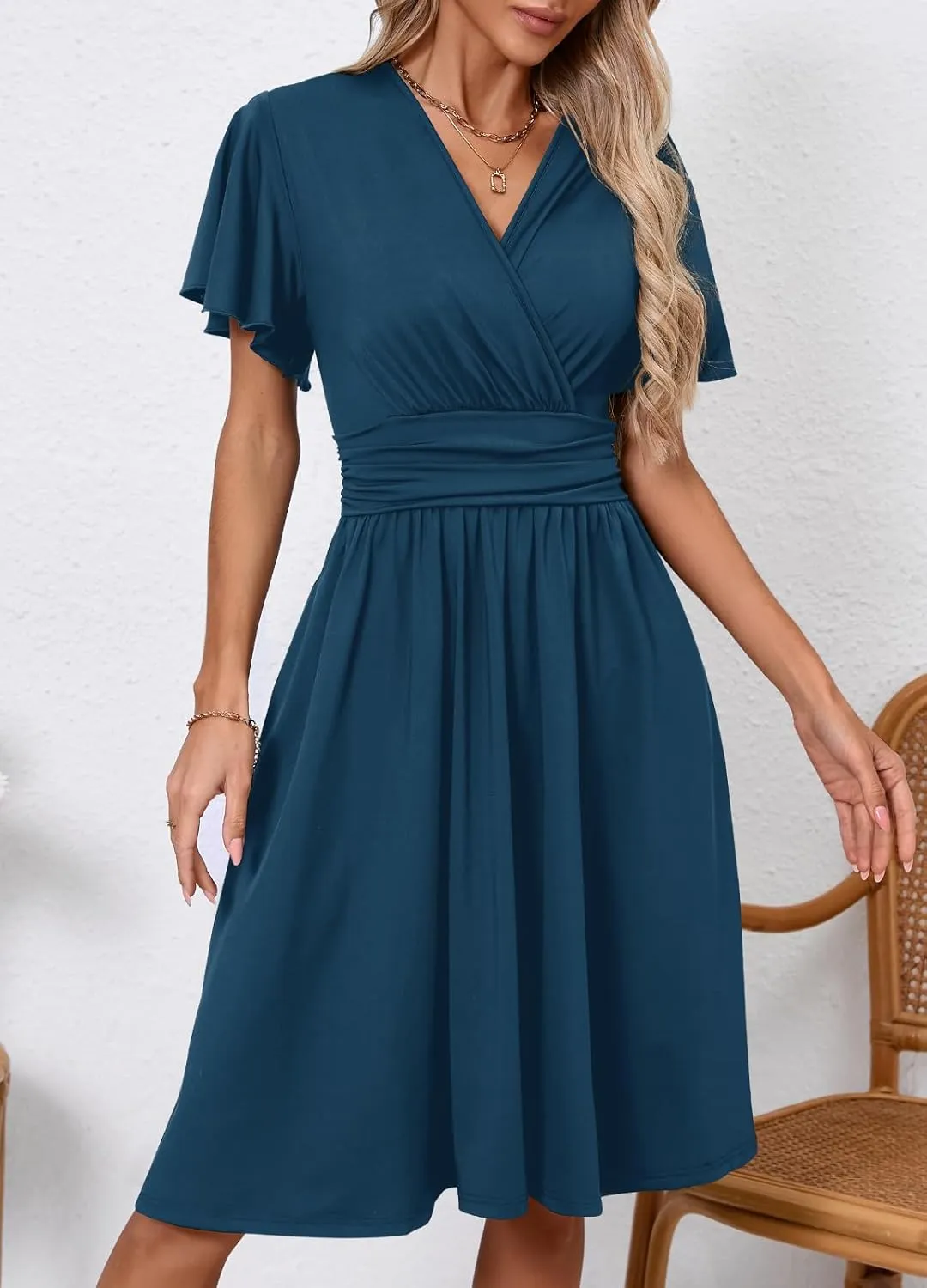 Women's Casual Summer Dress V Neck Short Sleeve Flowy Stretchy Comfort Fit for Daily Wear Work Midi Dresses