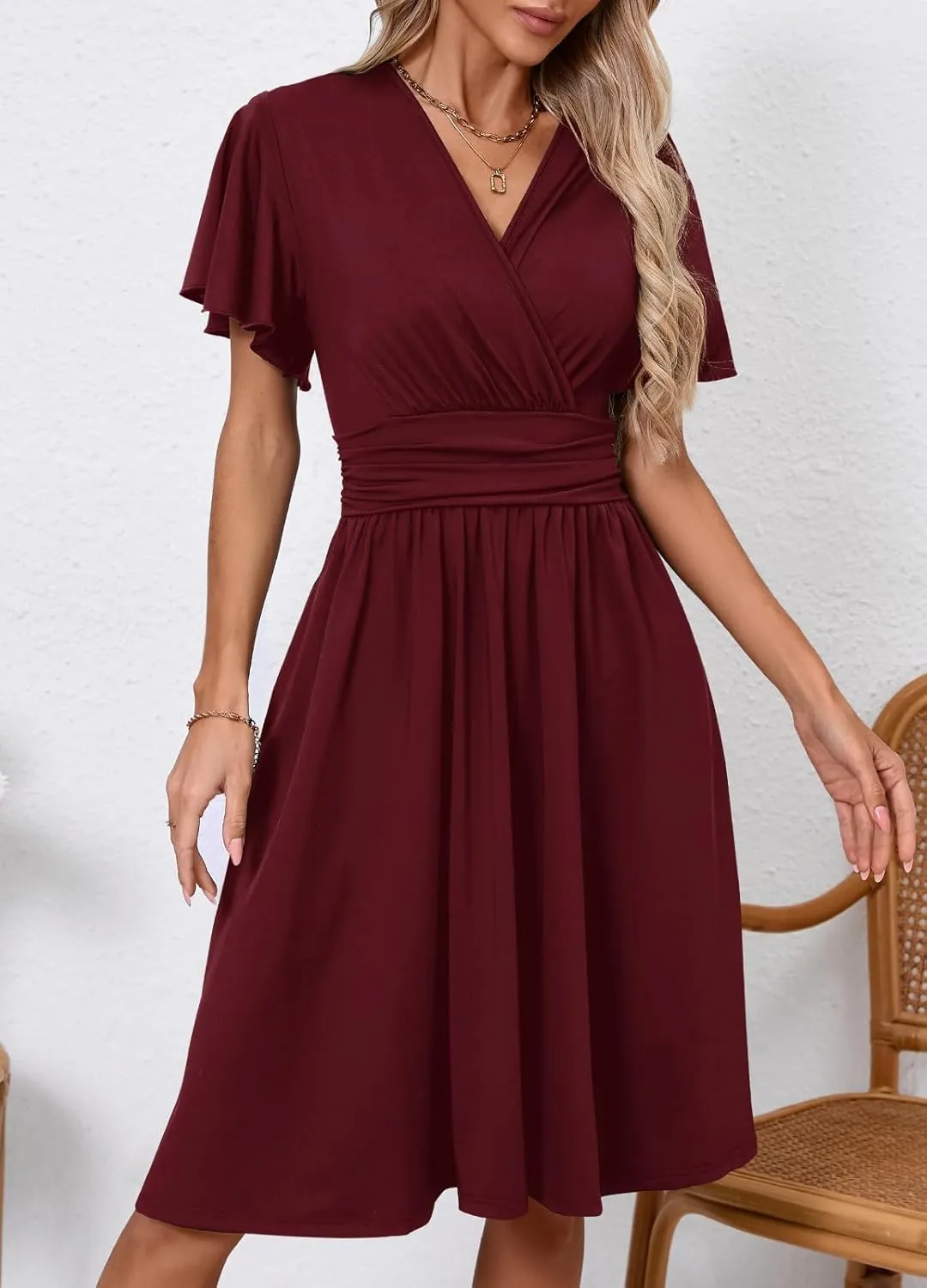 Women's Casual Summer Dress V Neck Short Sleeve Flowy Stretchy Comfort Fit for Daily Wear Work Midi Dresses