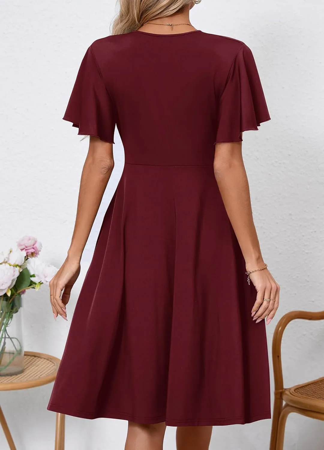 Women's Casual Summer Dress V Neck Short Sleeve Flowy Stretchy Comfort Fit for Daily Wear Work Midi Dresses