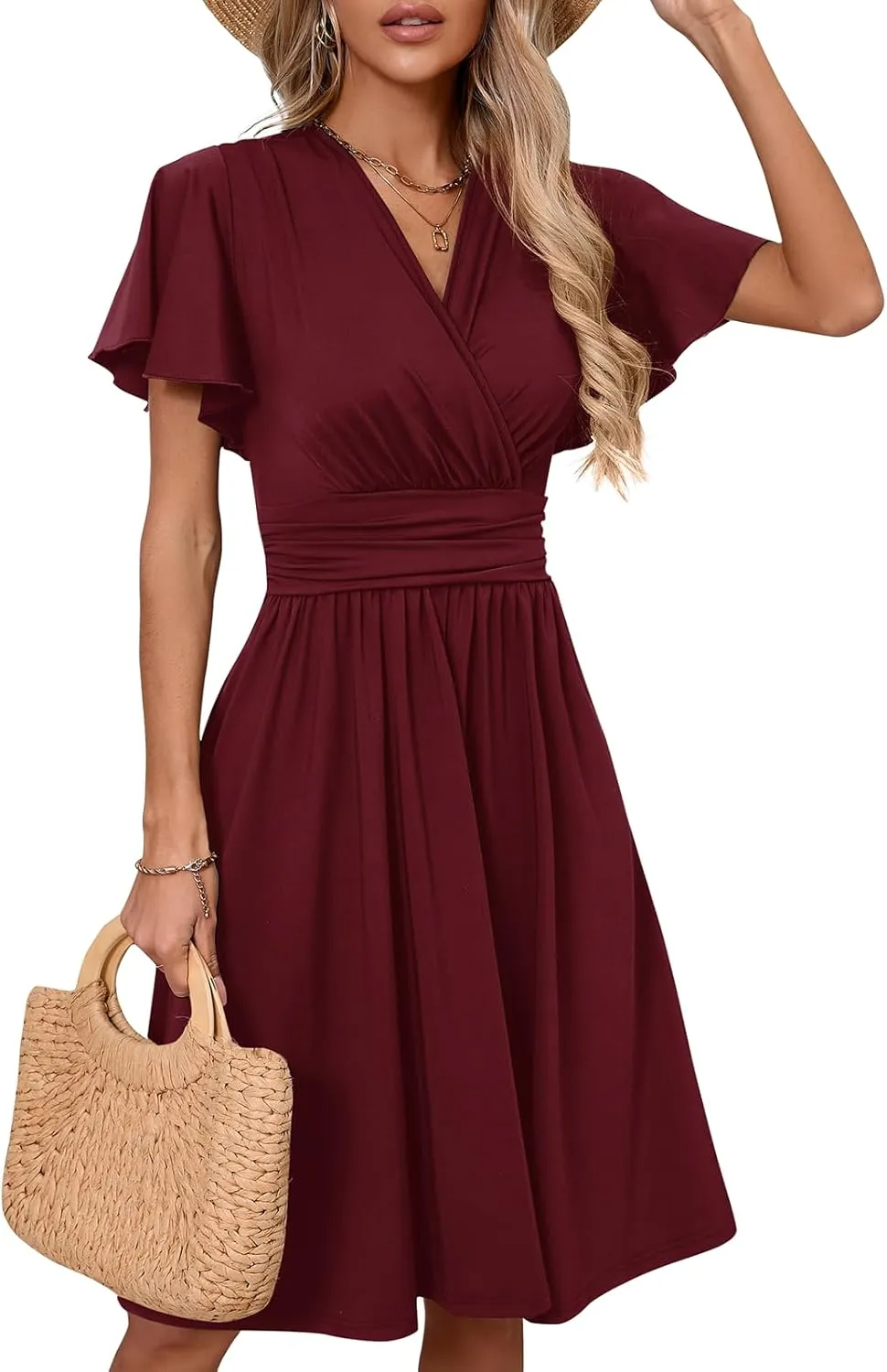 Women's Casual Summer Dress V Neck Short Sleeve Flowy Stretchy Comfort Fit for Daily Wear Work Midi Dresses
