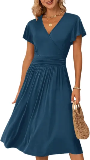 Women's Casual Summer Dress V Neck Short Sleeve Flowy Stretchy Comfort Fit for Daily Wear Work Midi Dresses