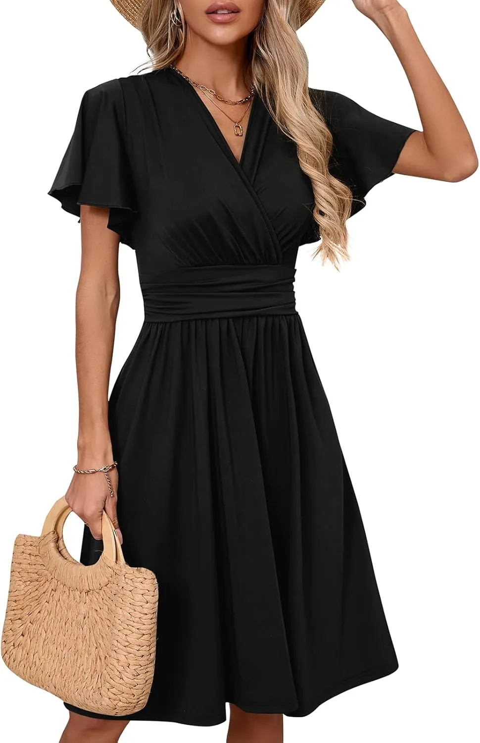 Women's Casual Summer Dress V Neck Short Sleeve Flowy Stretchy Comfort Fit for Daily Wear Work Midi Dresses