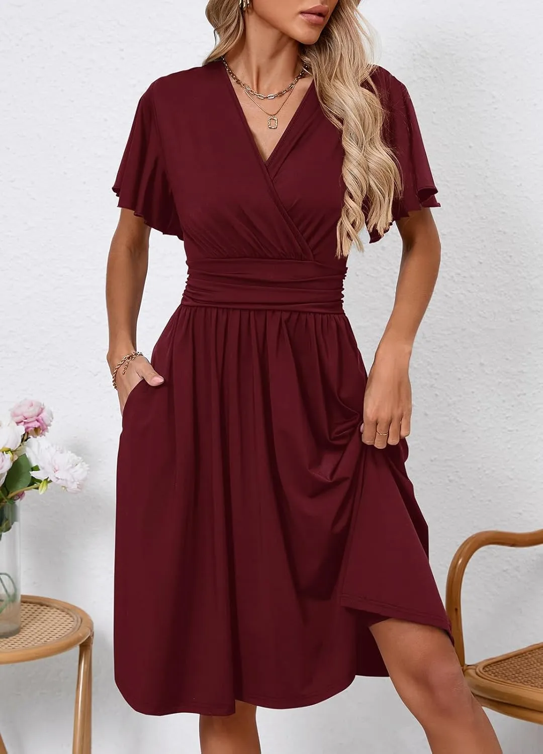 Women's Casual Summer Dress V Neck Short Sleeve Flowy Stretchy Comfort Fit for Daily Wear Work Midi Dresses