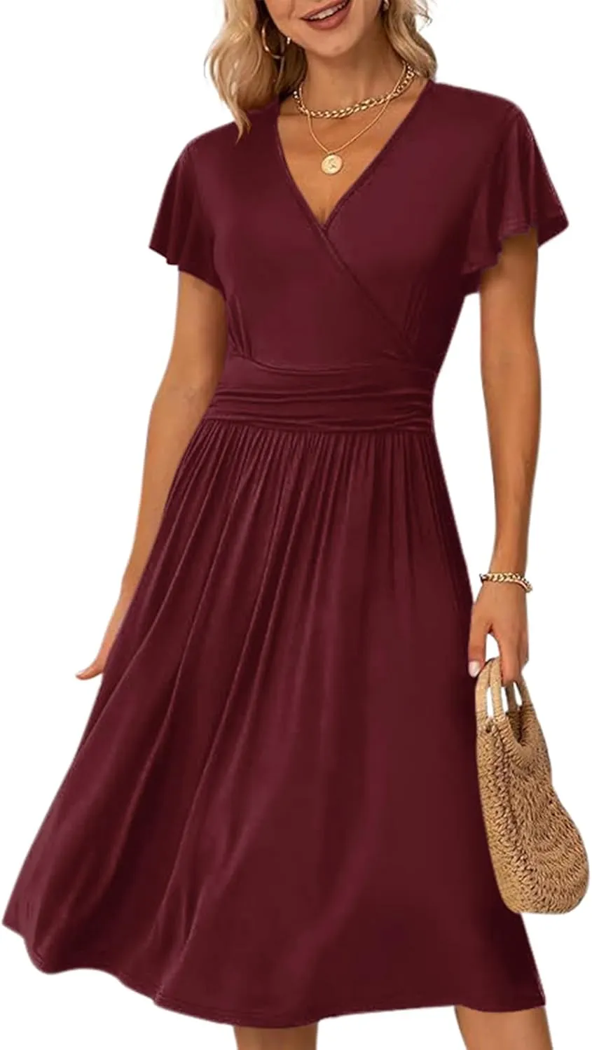 Women's Casual Summer Dress V Neck Short Sleeve Flowy Stretchy Comfort Fit for Daily Wear Work Midi Dresses