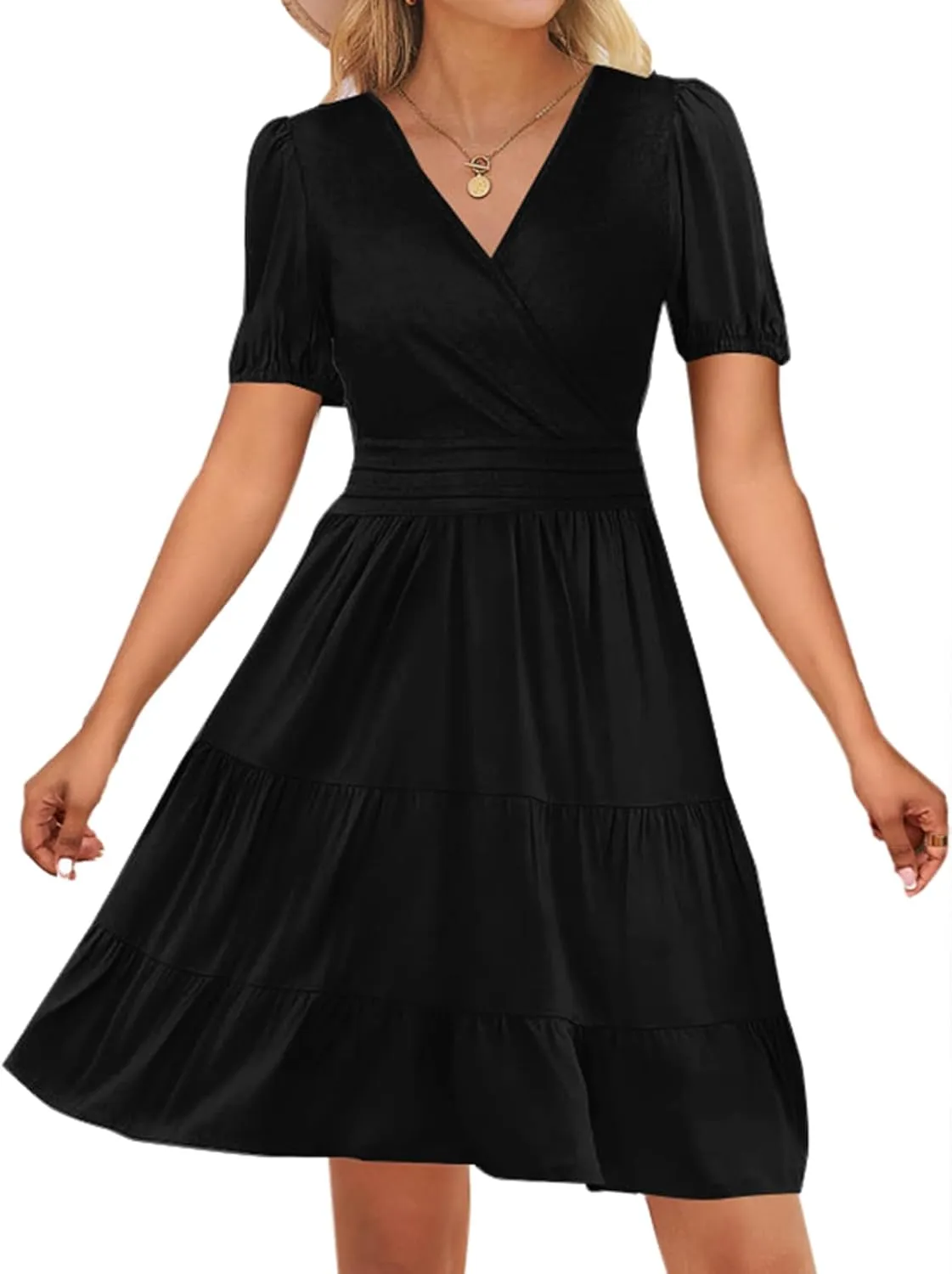 Women's Casual Summer Dress V Neck Short Sleeve Flowy Stretchy Comfort Fit for Daily Wear Work Midi Dresses