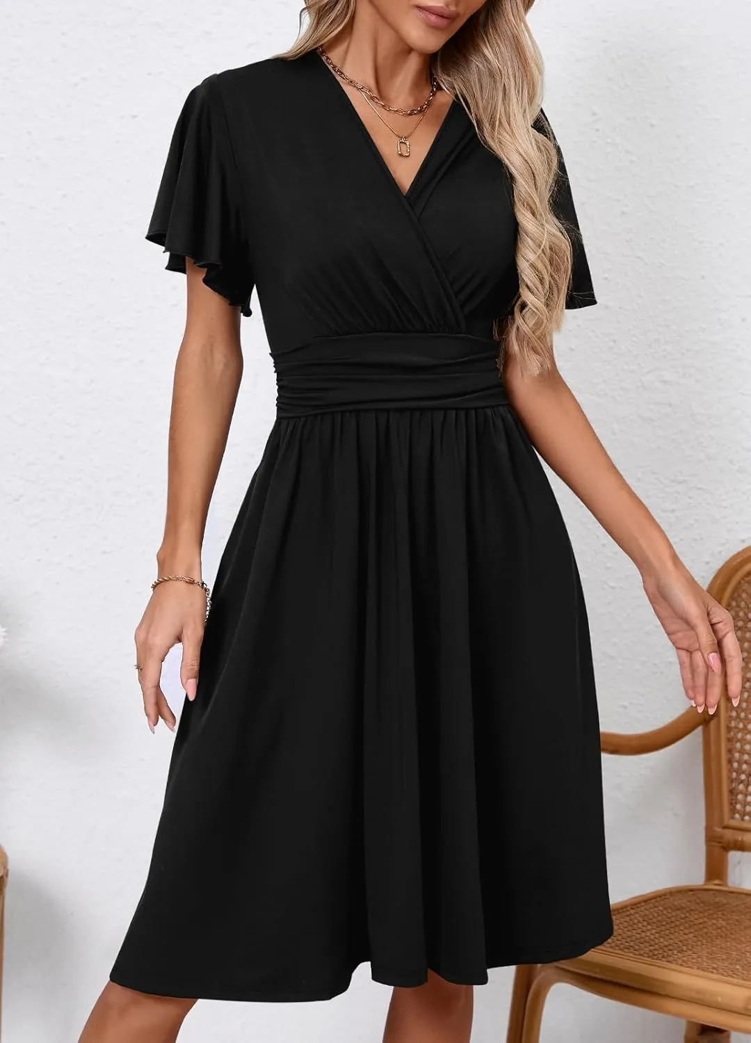 Women's Casual Summer Dress V Neck Short Sleeve Flowy Stretchy Comfort Fit for Daily Wear Work Midi Dresses
