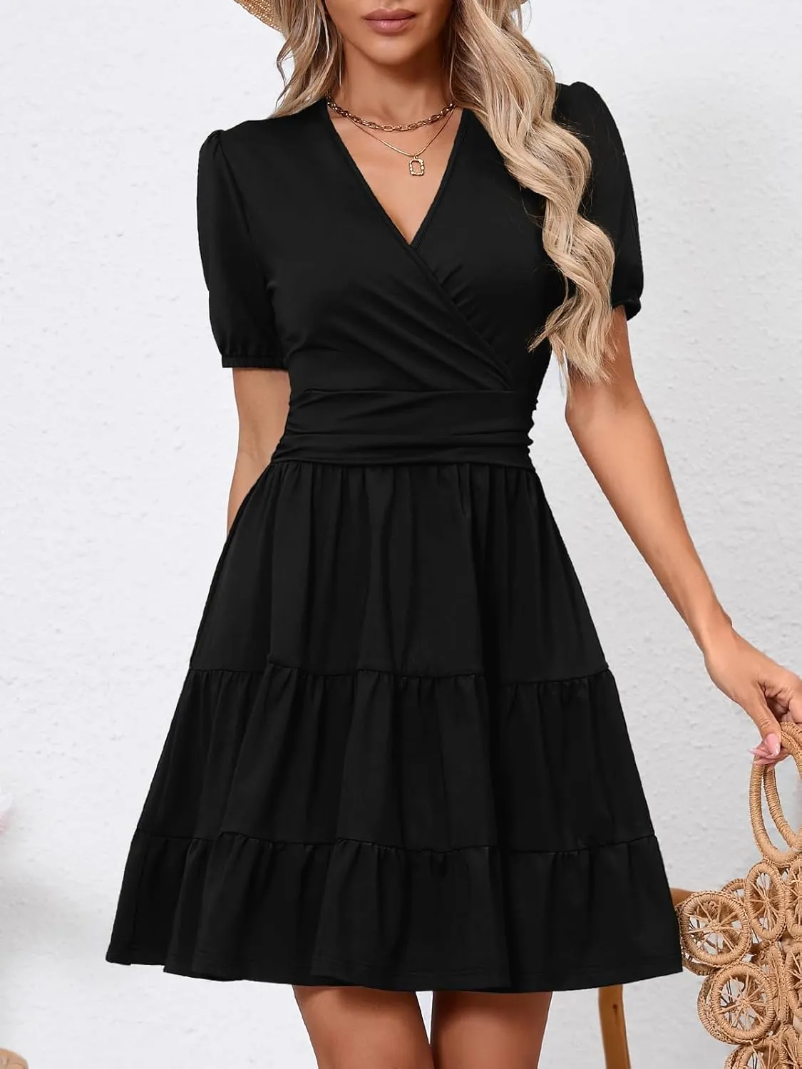 Women's Casual Summer Dress V Neck Short Sleeve Flowy Stretchy Comfort Fit for Daily Wear Work Midi Dresses
