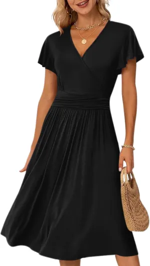 Women's Casual Summer Dress V Neck Short Sleeve Flowy Stretchy Comfort Fit for Daily Wear Work Midi Dresses