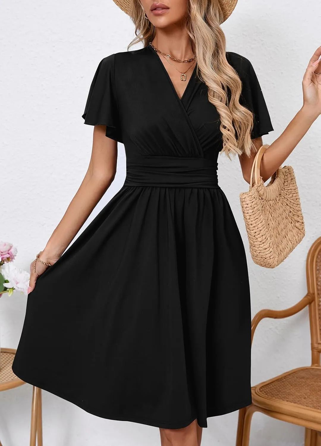 Women's Casual Summer Dress V Neck Short Sleeve Flowy Stretchy Comfort Fit for Daily Wear Work Midi Dresses