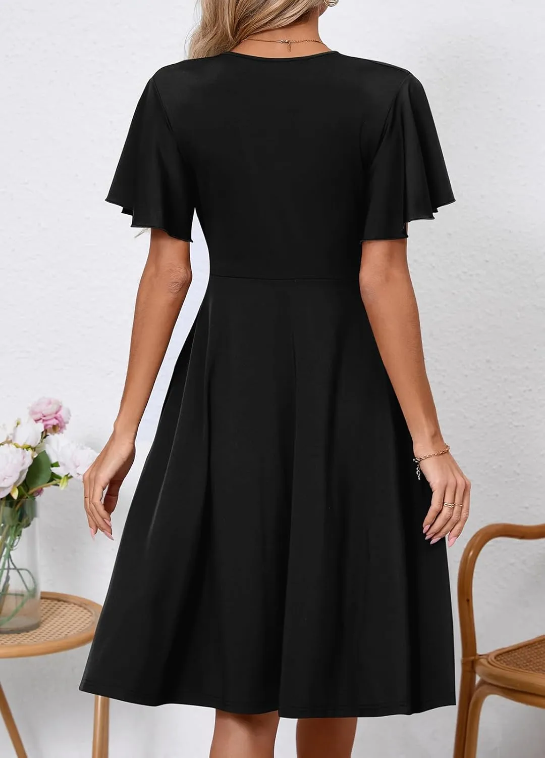 Women's Casual Summer Dress V Neck Short Sleeve Flowy Stretchy Comfort Fit for Daily Wear Work Midi Dresses