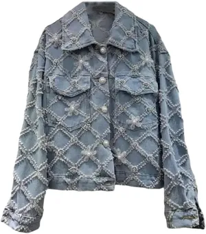 Women's Denim Coat Jacquards Flowers Pearls Embroidered Flares Single Breasted Jean Jackets