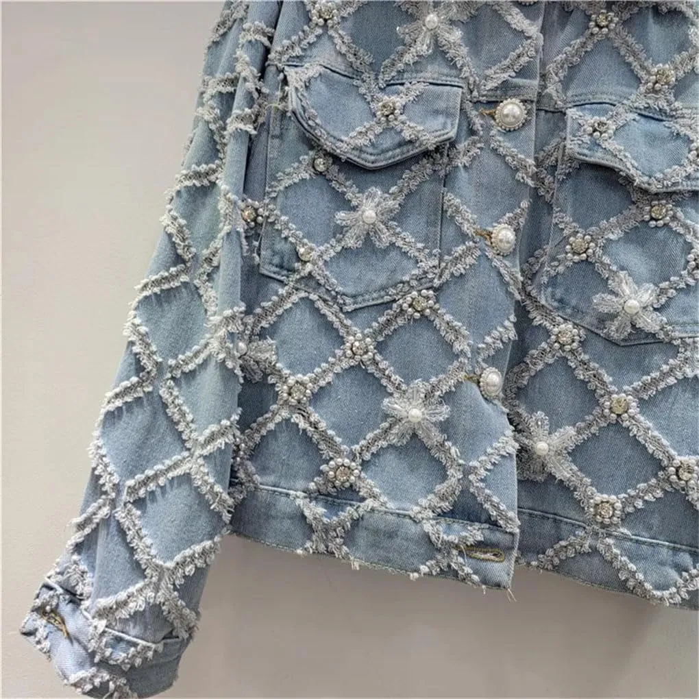 Women's Denim Coat Jacquards Flowers Pearls Embroidered Flares Single Breasted Jean Jackets