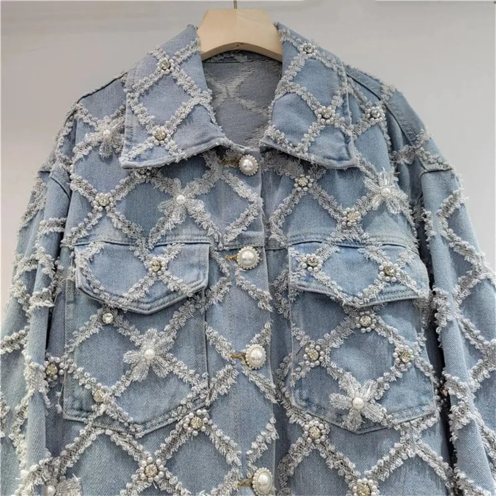 Women's Denim Coat Jacquards Flowers Pearls Embroidered Flares Single Breasted Jean Jackets