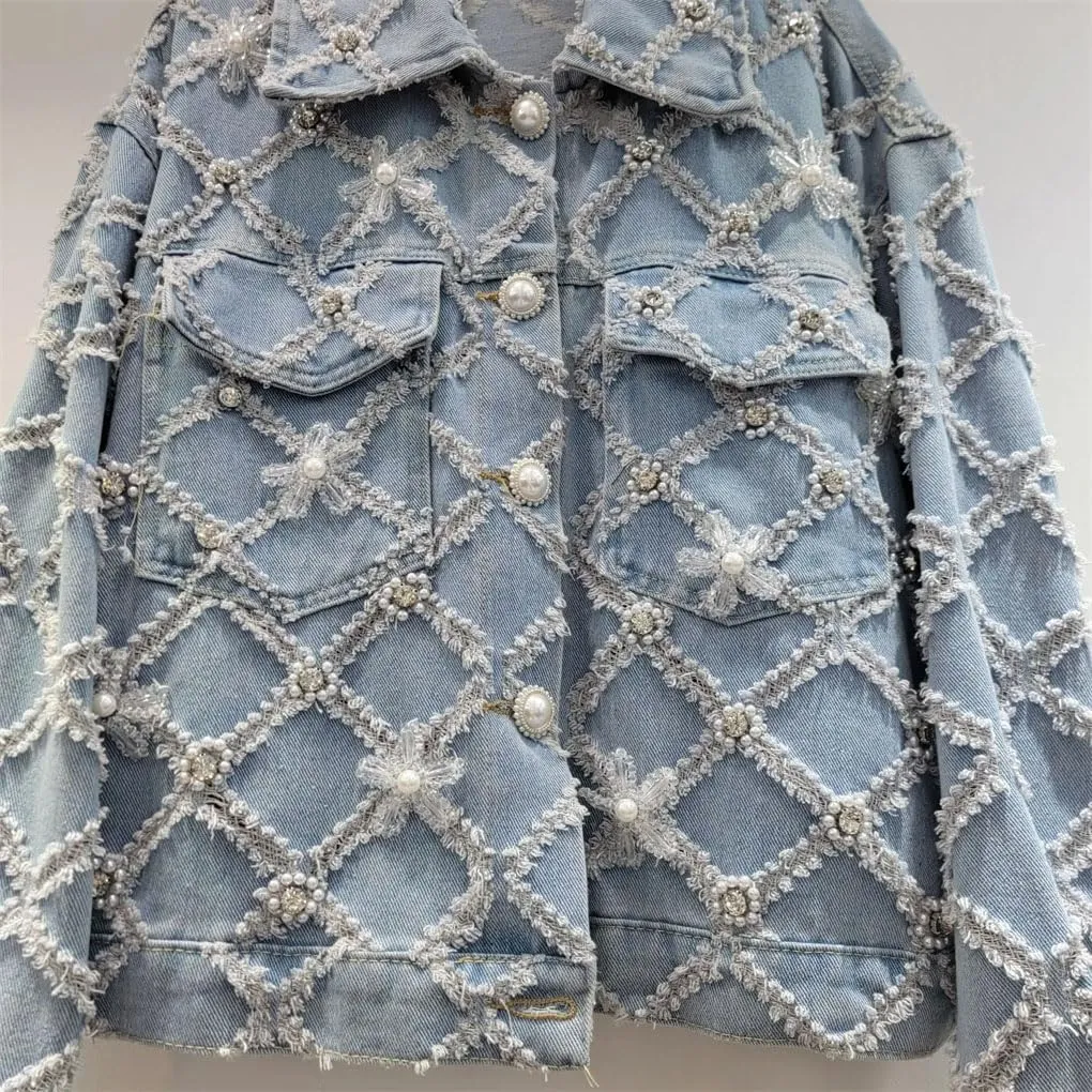 Women's Denim Coat Jacquards Flowers Pearls Embroidered Flares Single Breasted Jean Jackets