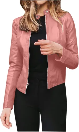 Women's Leather Jackets, Zip Motorcycle Jacket Quilted Lightweight Coat Vegan Pu Leather Fashion Outerwear
