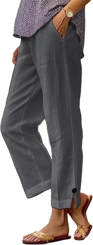Women's Linen Pants Summer Elastic High Waisted Wide Leg Pant Casual Lightweight Straight Leg Pants with Pockets