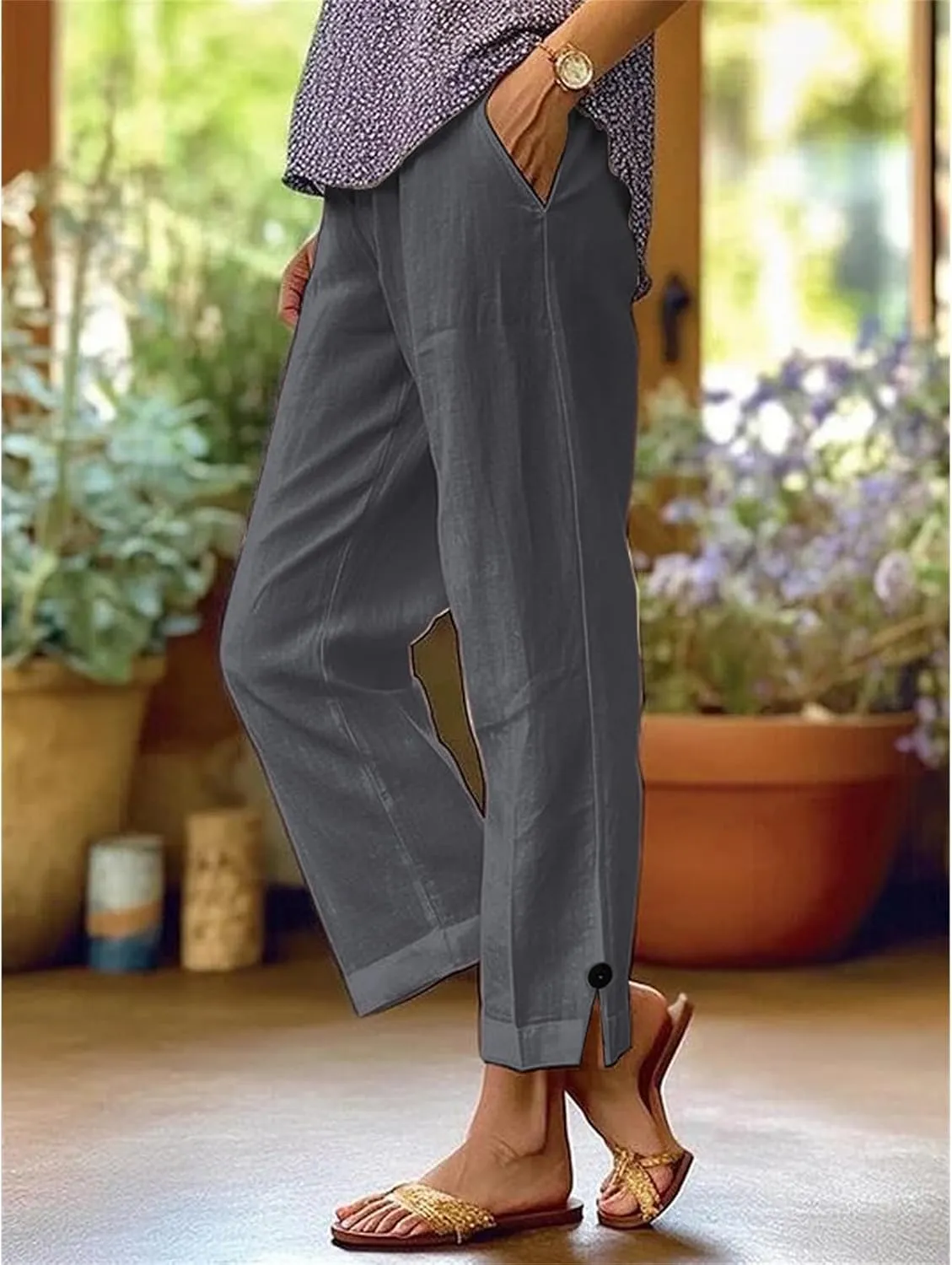 Women's Linen Pants Summer Elastic High Waisted Wide Leg Pant Casual Lightweight Straight Leg Pants with Pockets