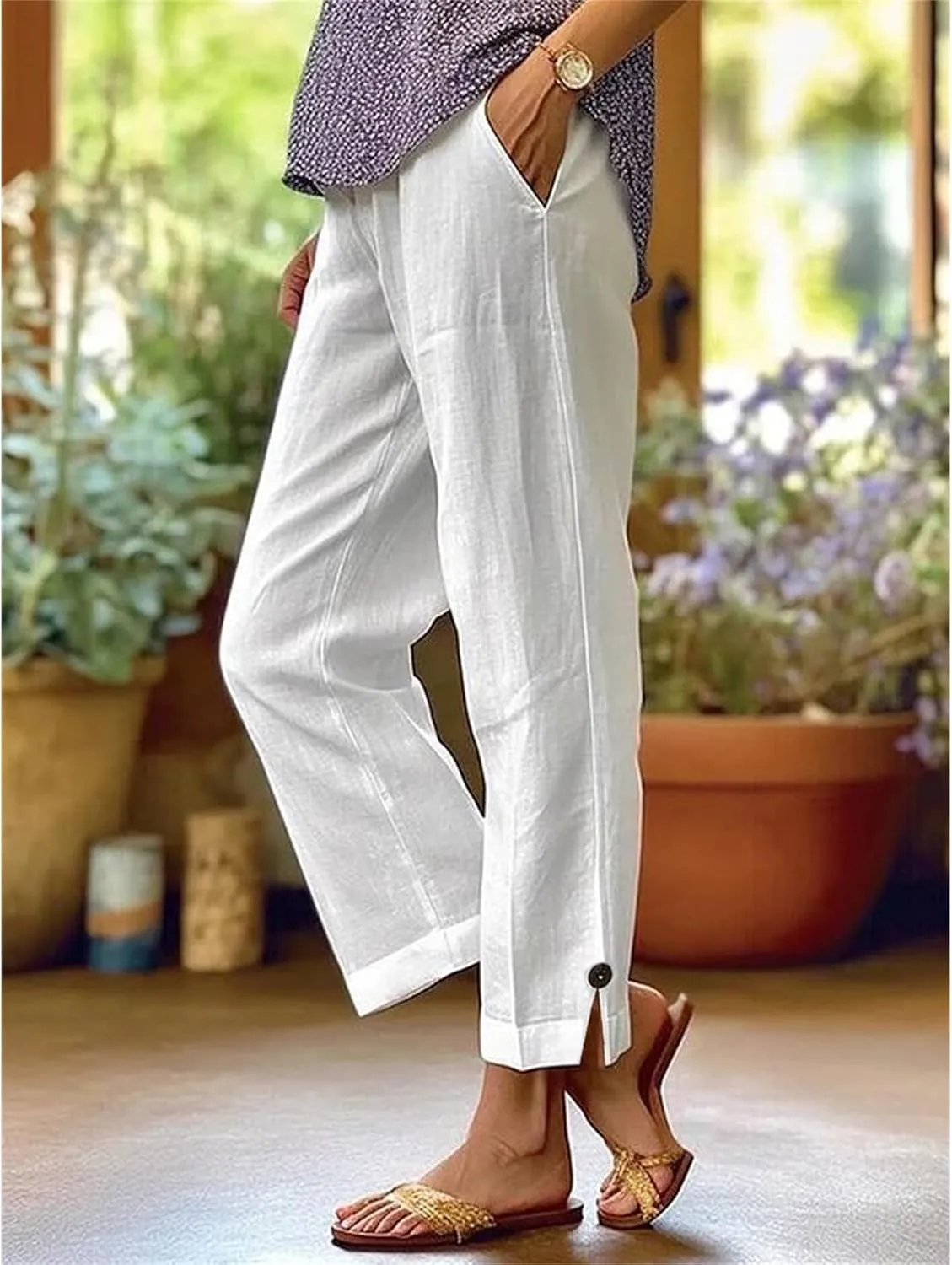 Women's Linen Pants Summer Elastic High Waisted Wide Leg Pant Casual Lightweight Straight Leg Pants with Pockets