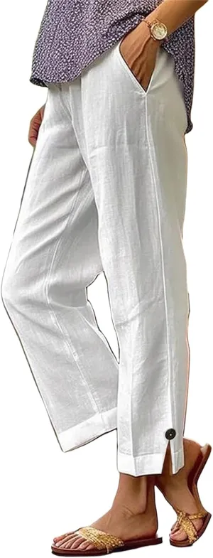 Women's Linen Pants Summer Elastic High Waisted Wide Leg Pant Casual Lightweight Straight Leg Pants with Pockets