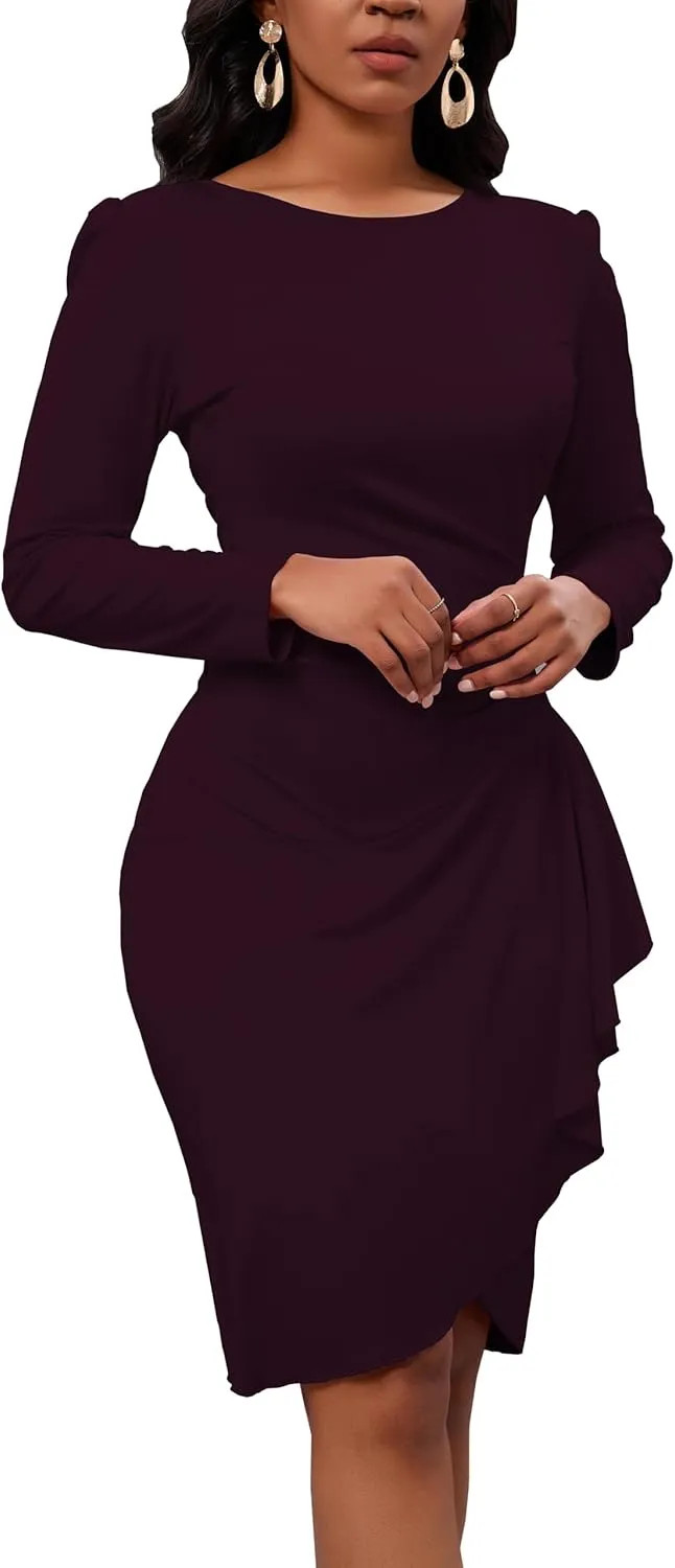 Women's Long Sleeve Bodycon Dress Crew Neck Ruched Wrap Wear to Work Church Midi Pencil Dress Elegant