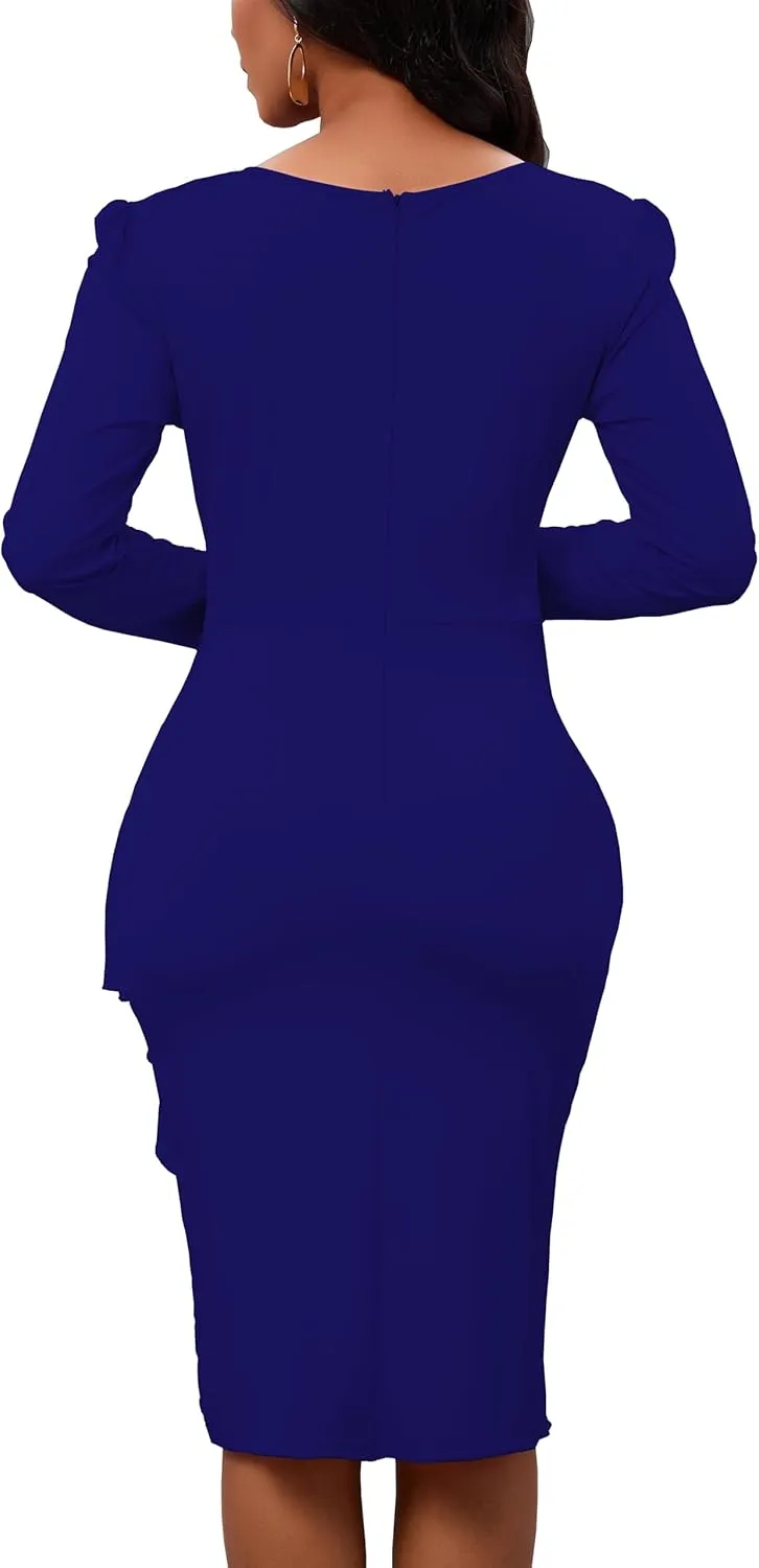 Women's Long Sleeve Bodycon Dress Crew Neck Ruched Wrap Wear to Work Church Midi Pencil Dress Elegant